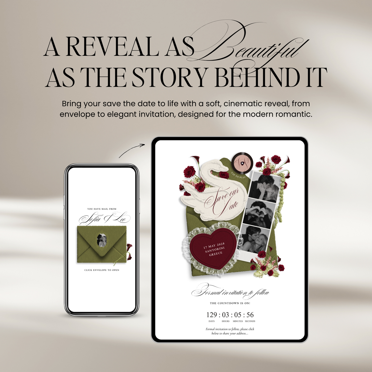 Save The Date Wedding Website Template (Envelope 05 - Green, Pink + Burgundy)