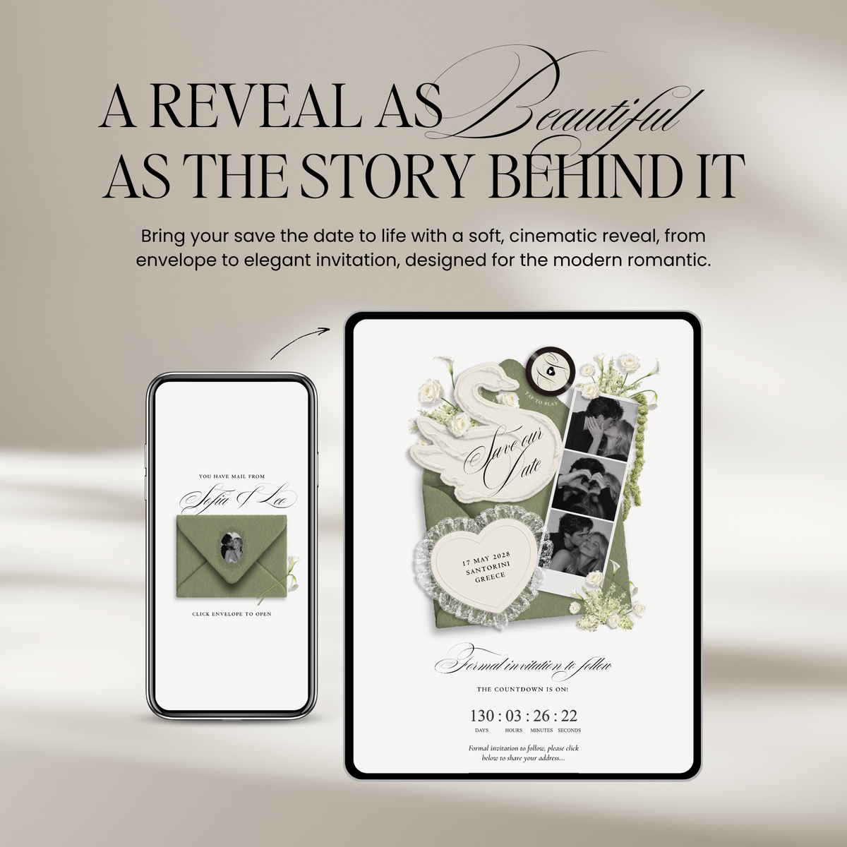 Save The Date Wedding Website Template (Envelope 05 - Sage Green + Ivory)