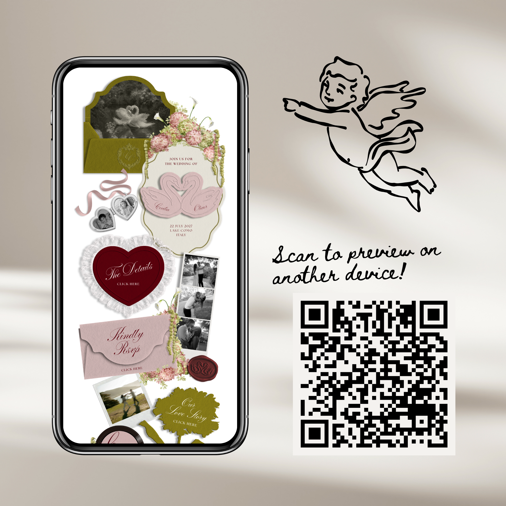 Wedding Website Template with RSVP (Envelope 04 - Olive Green & Burgundy)