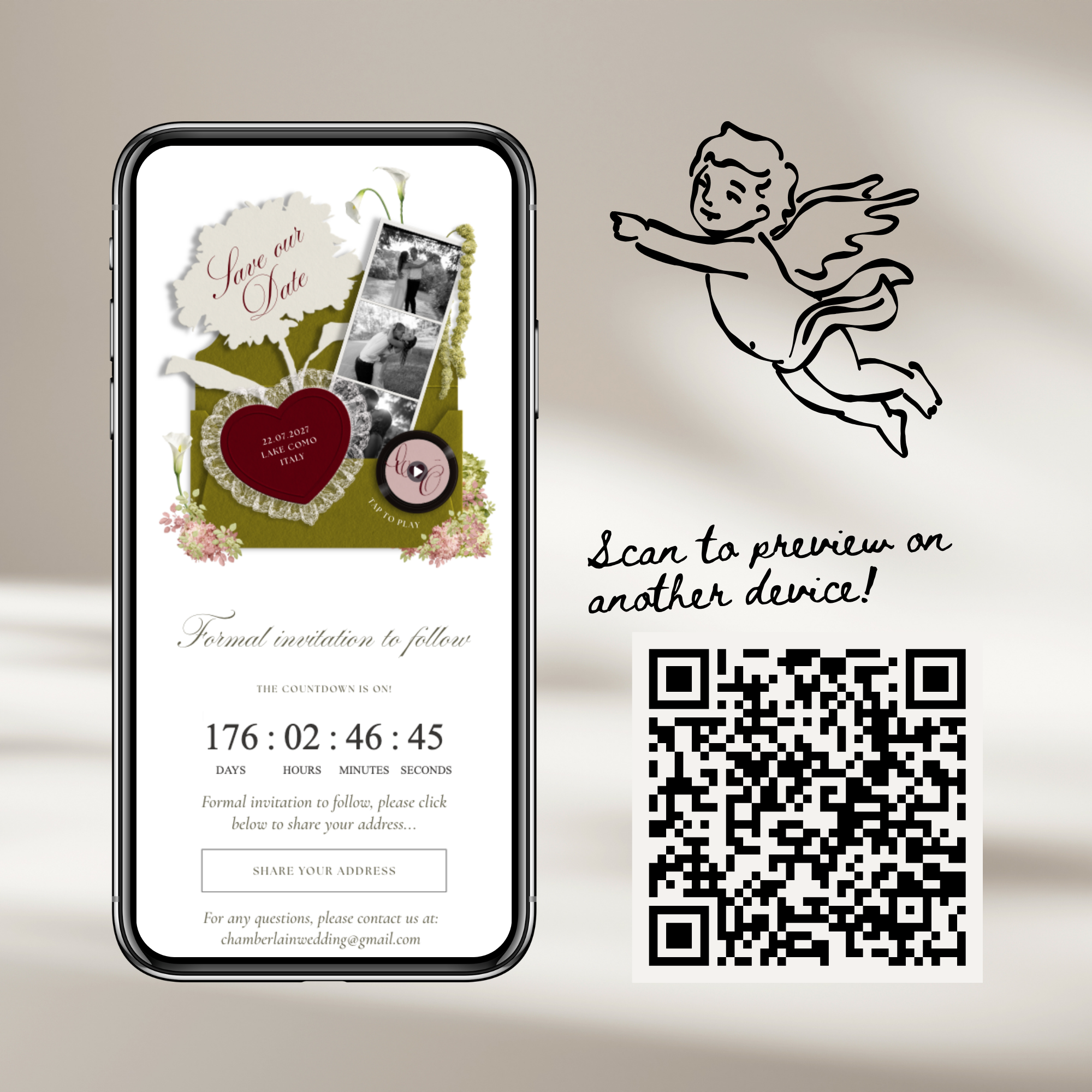 Save The Date Wedding Website Template (Envelope 04 - Olive Green & Burgundy)