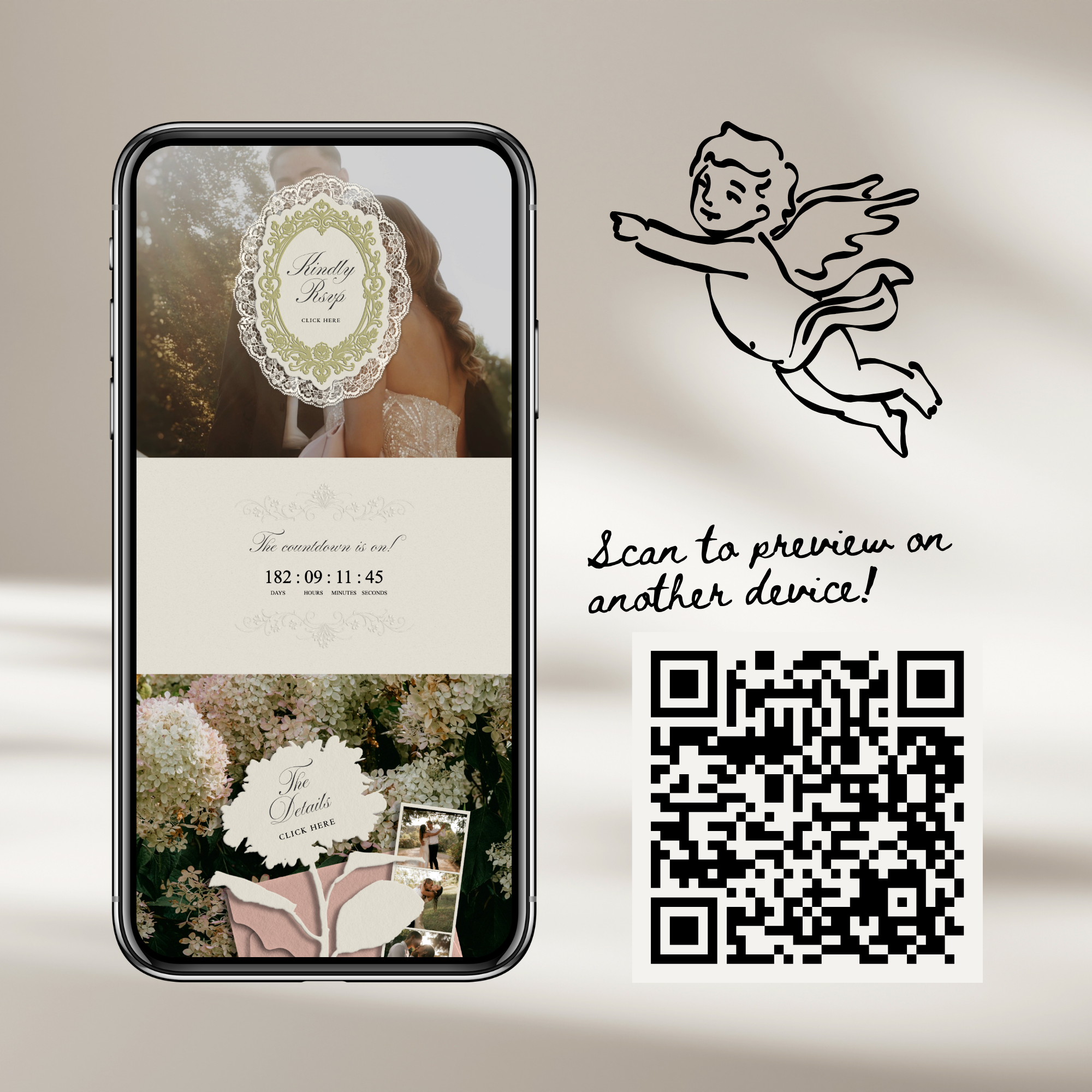 Heirloom Lace & Swan Wedding Website Template with RSVP (Green & Pink)