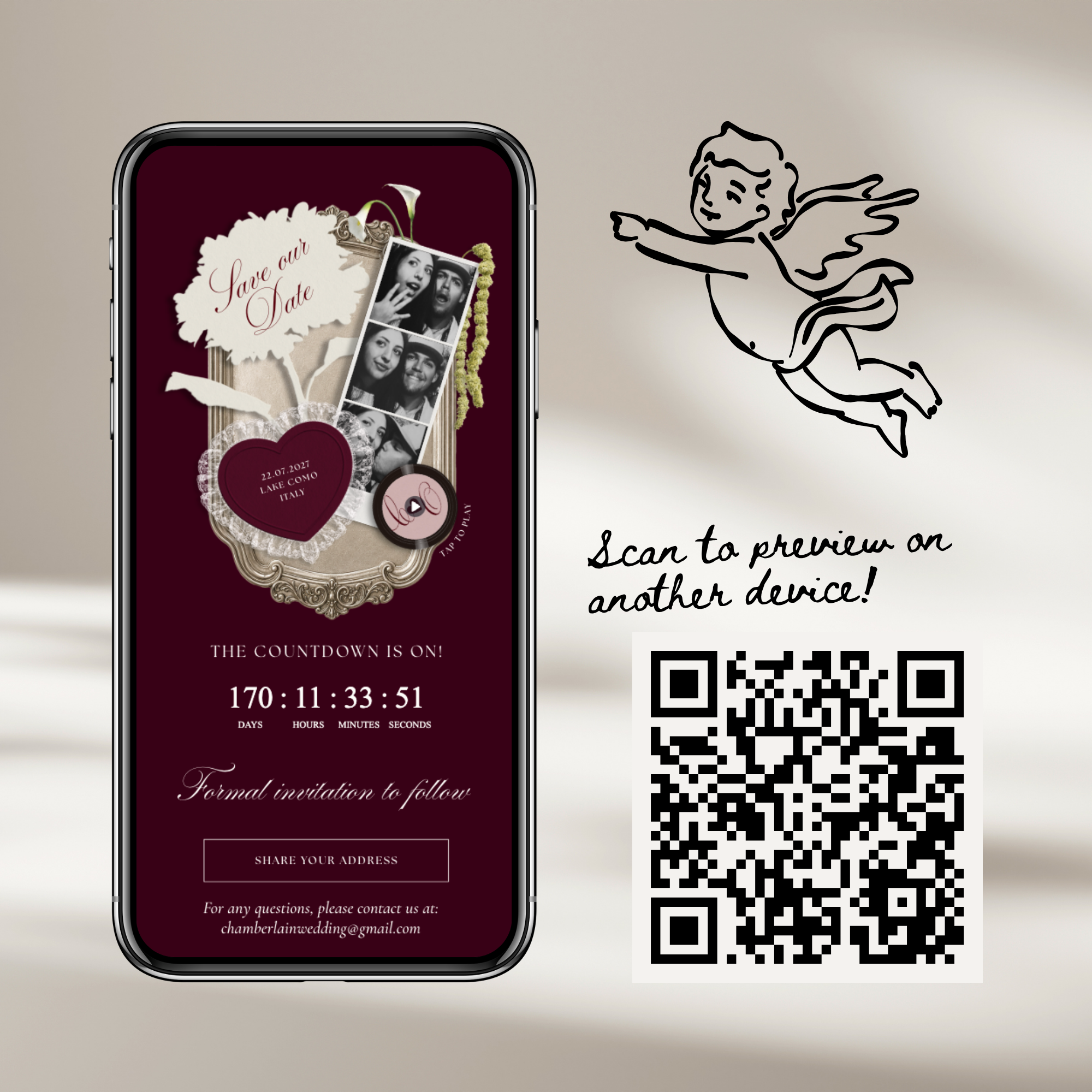 Save The Date Wedding Website Template (Photo Booth Animation 01 - Burgundy)