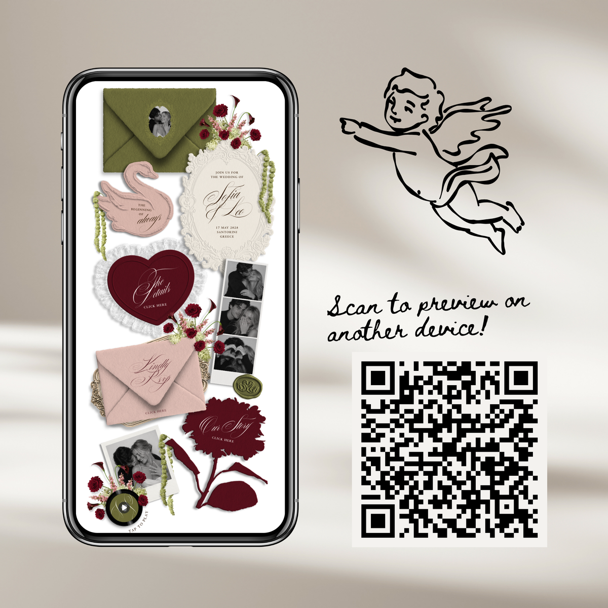 Wedding Website Template with RSVP (Envelope 05 - Green, Pink + Burgundy)