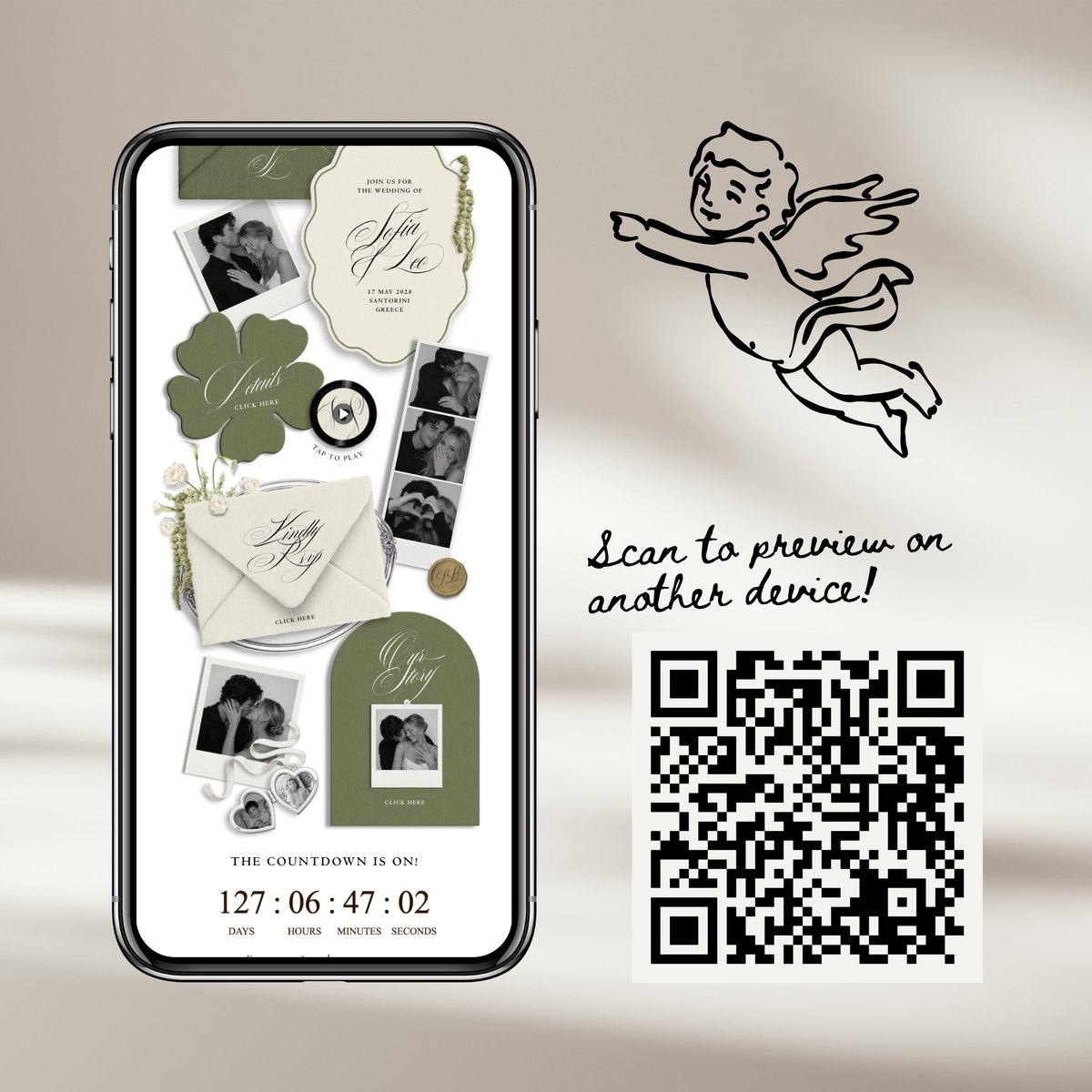 Wedding Website Template with RSVP (Envelope 06 - Sage Green + Ivory)