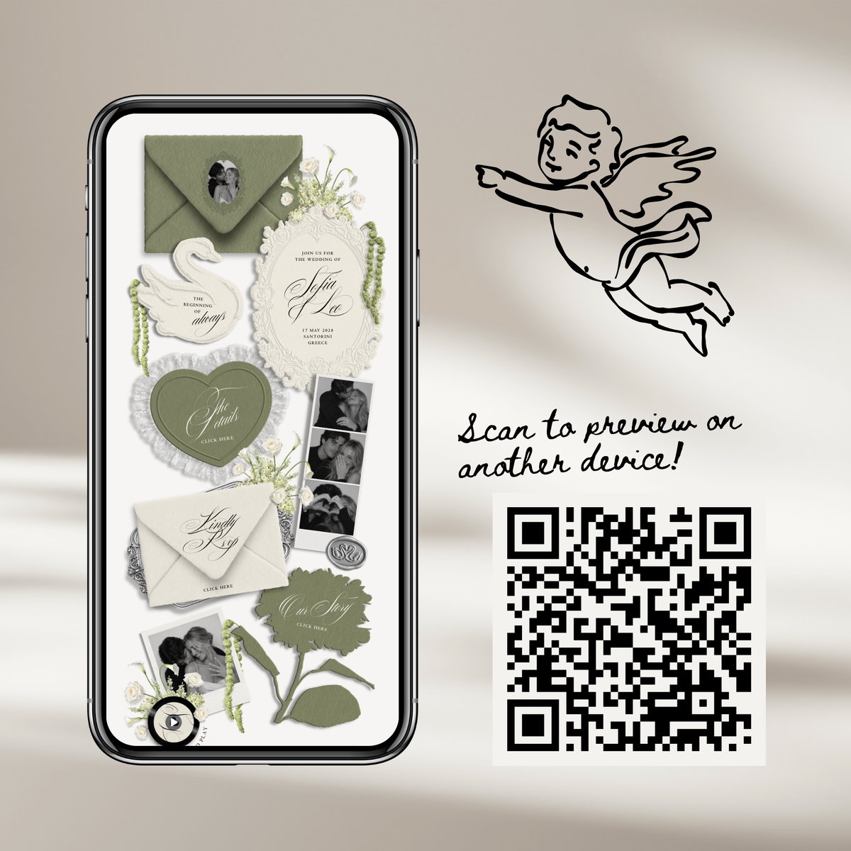 Wedding Website Template with RSVP (Envelope 05 - Sage Green + Ivory)