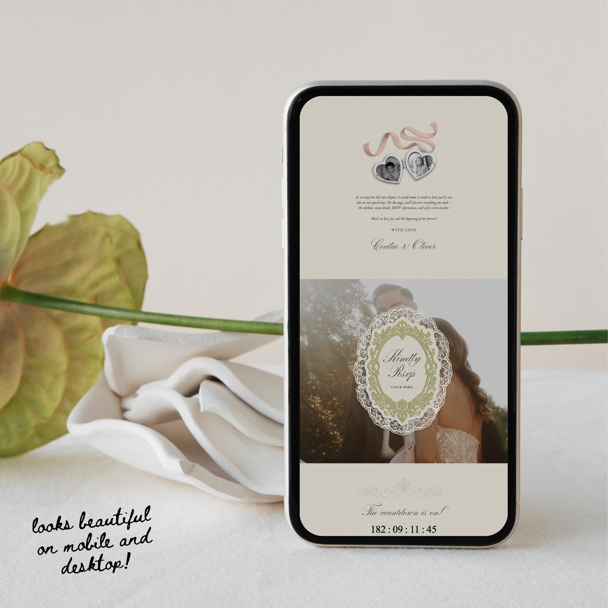 Heirloom Lace & Swan Wedding Website Template with RSVP (Green & Pink)