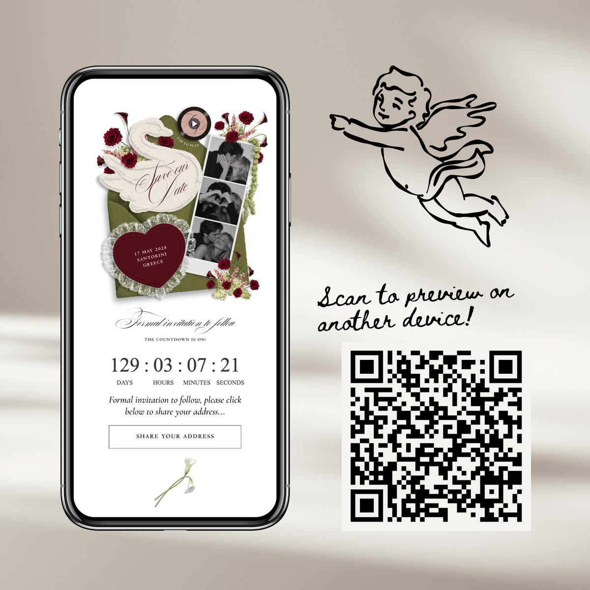 Save The Date Wedding Website Template (Envelope 05 - Green, Pink + Burgundy)