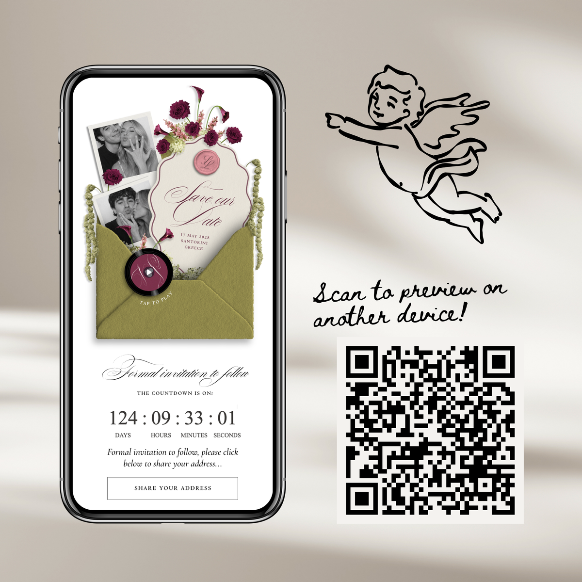 Save The Date Wedding Website Template (Envelope 06 - Chartreuse, Pink + Burgundy)
