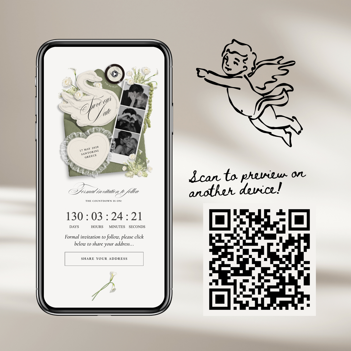 Save The Date Wedding Website Template (Envelope 05 - Sage Green + Ivory)