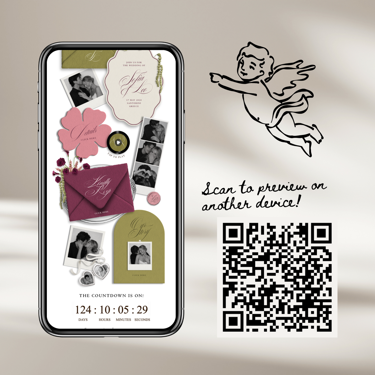 Wedding Website Template with RSVP (Envelope 06 - Chartreuse, Pink + Burgundy)