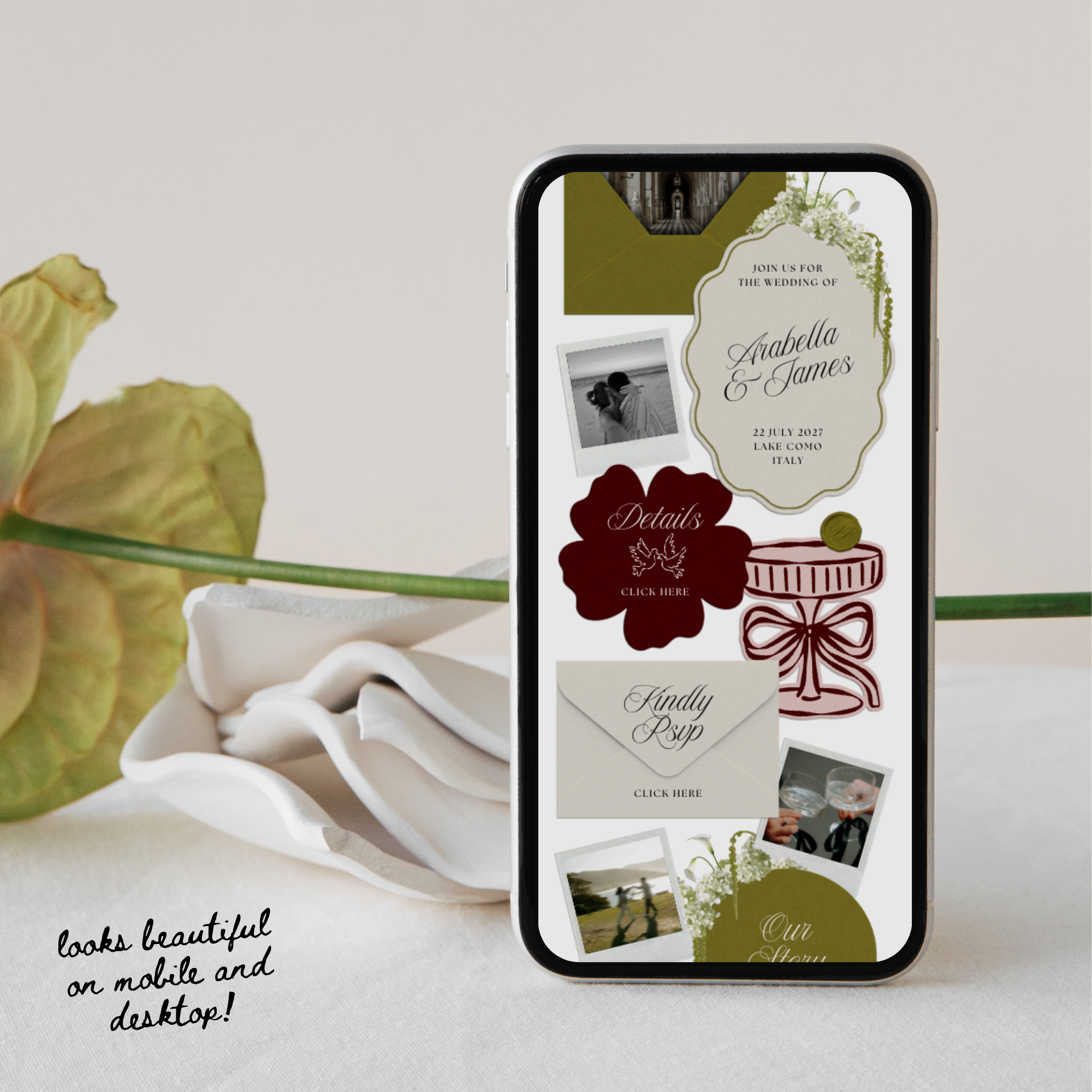 Wedding Website Template with RSVP (Olive Green & Burgundy)
