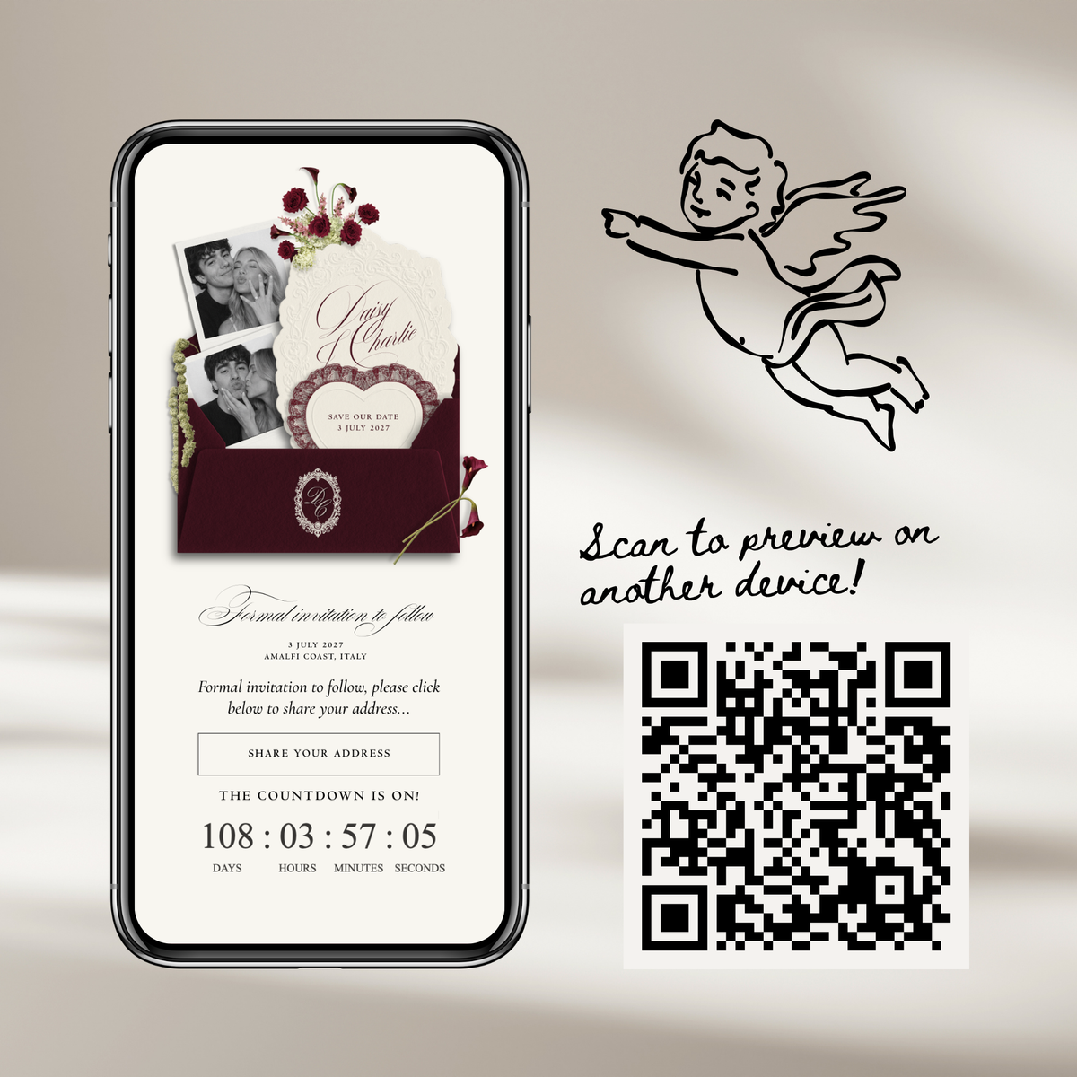 Save The Date Wedding Website Template (Envelope 07 - Burgundy + Ivory)