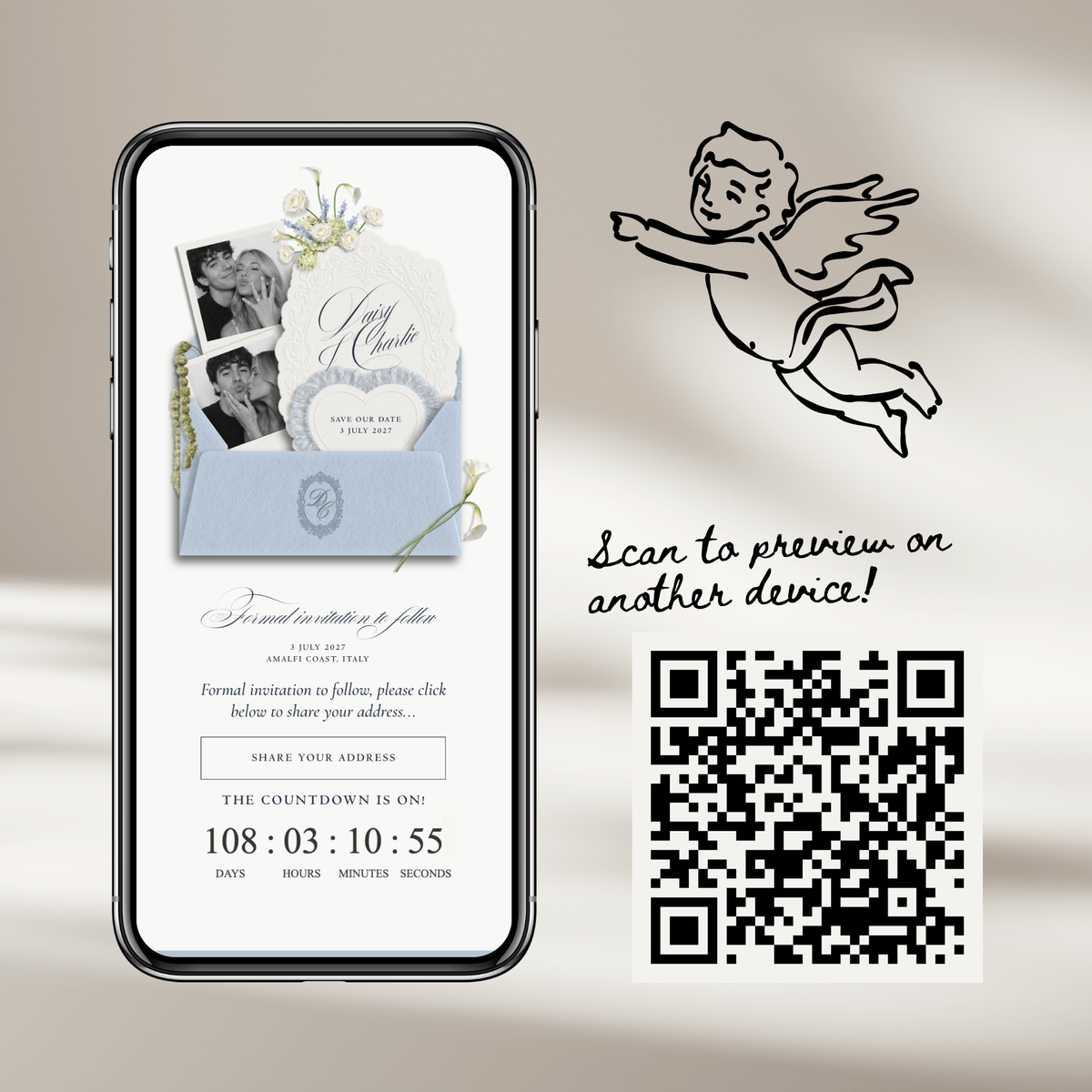 Save The Date Wedding Website Template (Envelope 07 - Blue + Ivory)