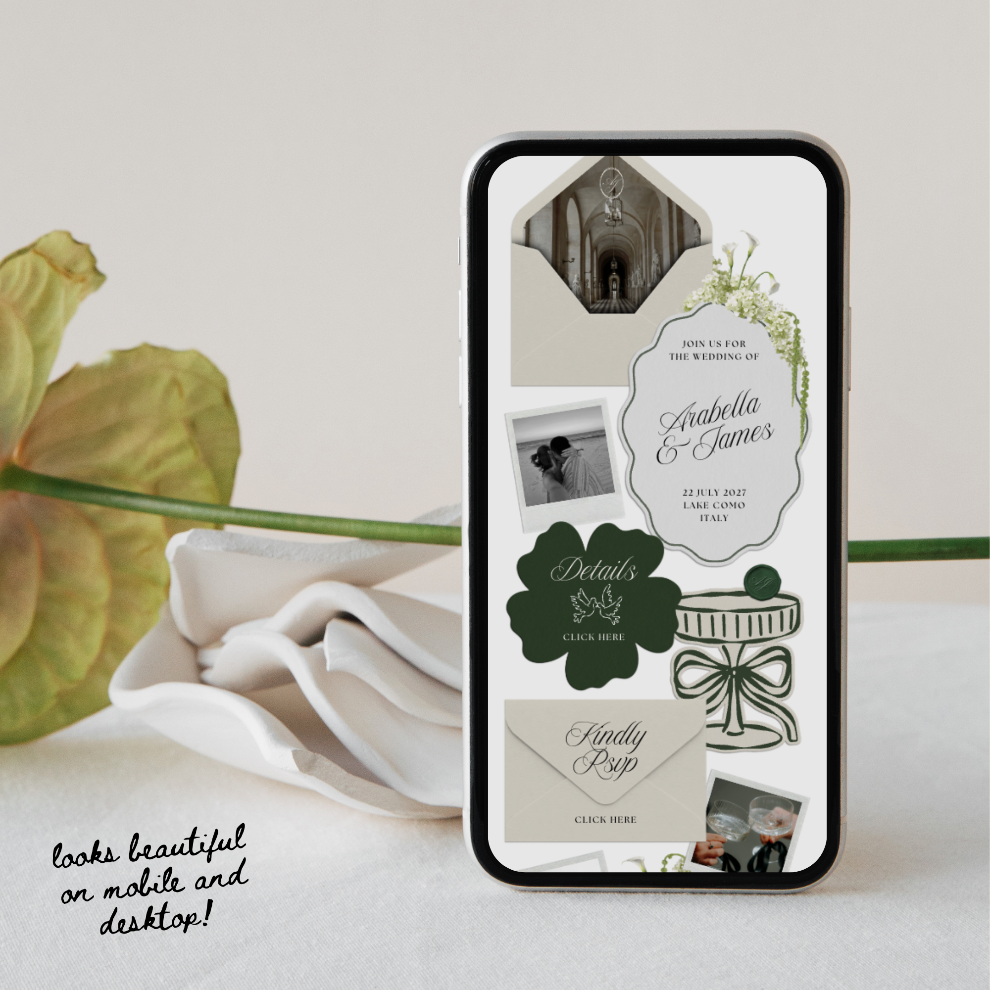 Wedding Website Template with RSVP (White & Green)