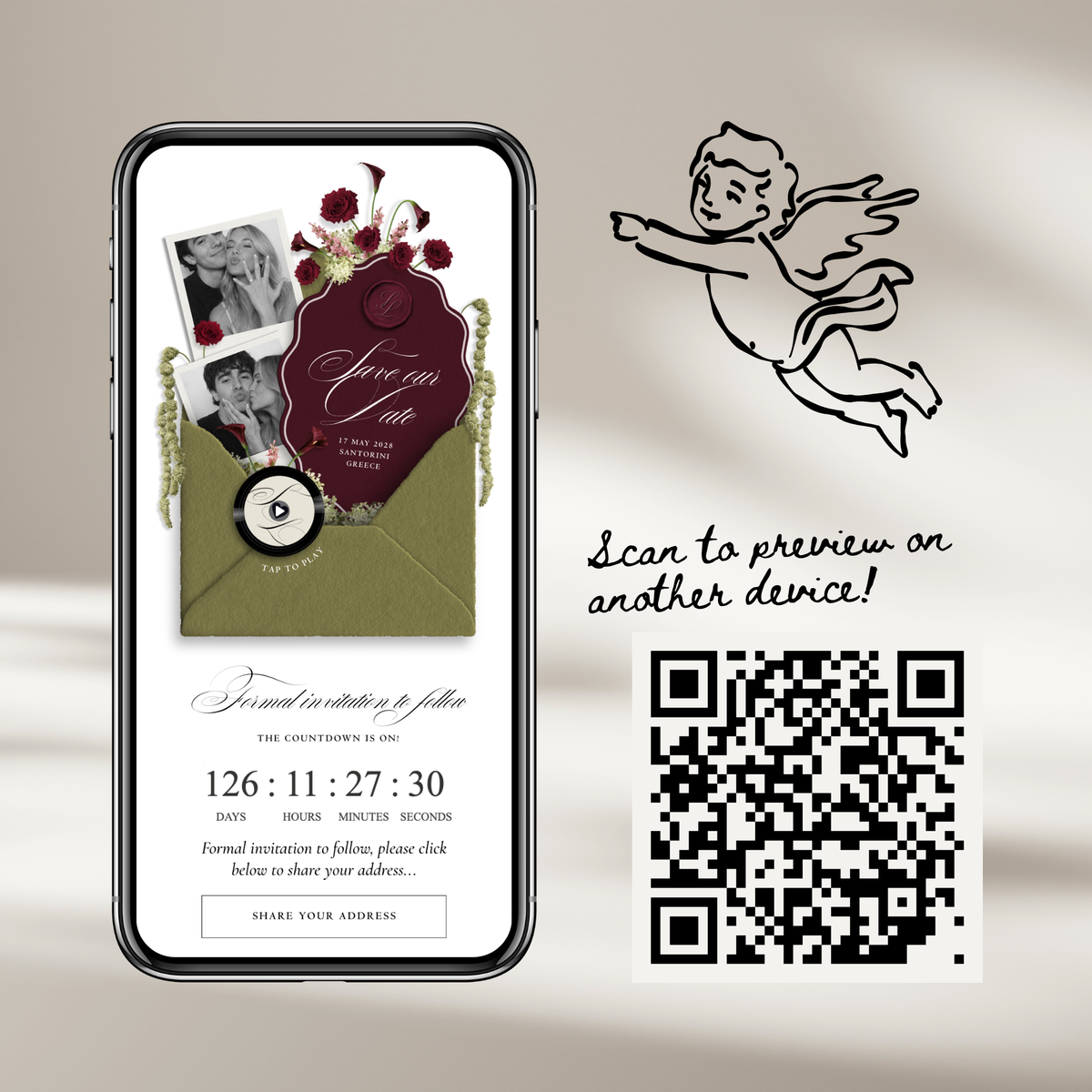 Save The Date Wedding Website Template (Envelope 06 - Green + Burgundy)