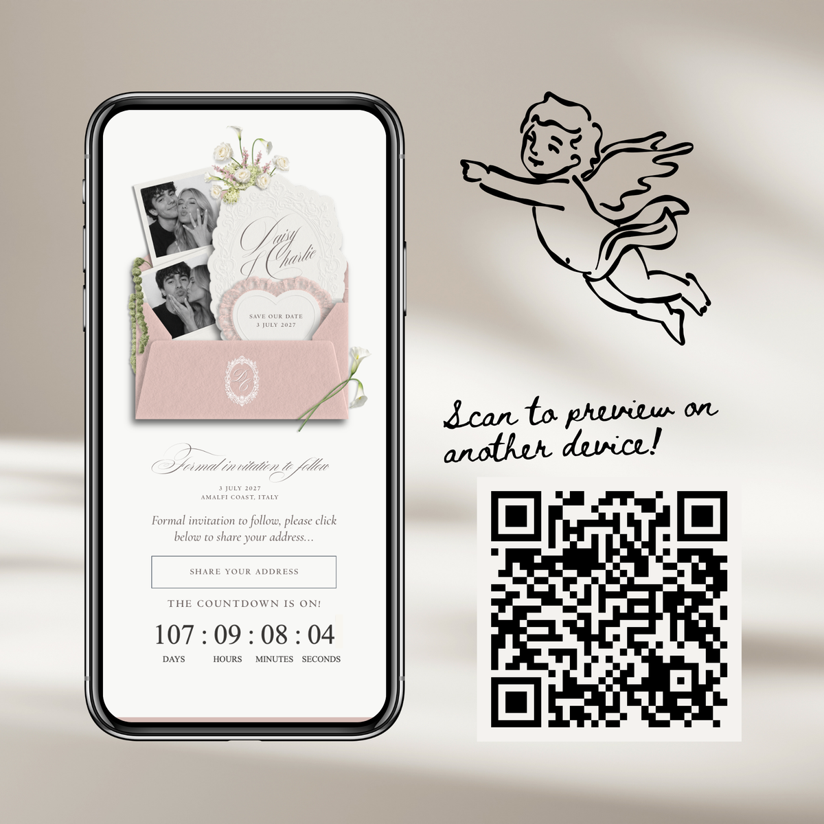 Save The Date Wedding Website Template (Envelope 07 - Pink + Ivory)