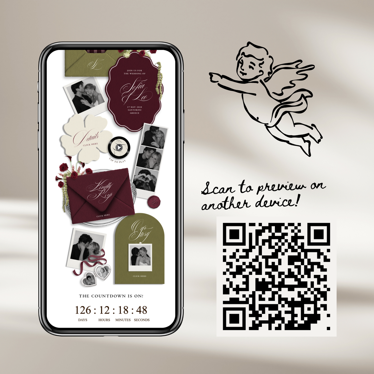Wedding Website Template with RSVP (Envelope 06 - Green + Burgundy)