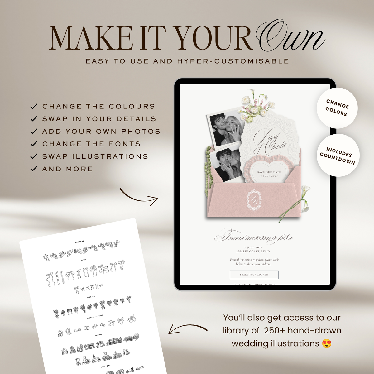 Save The Date Wedding Website Template (Envelope 07 - Pink + Ivory)