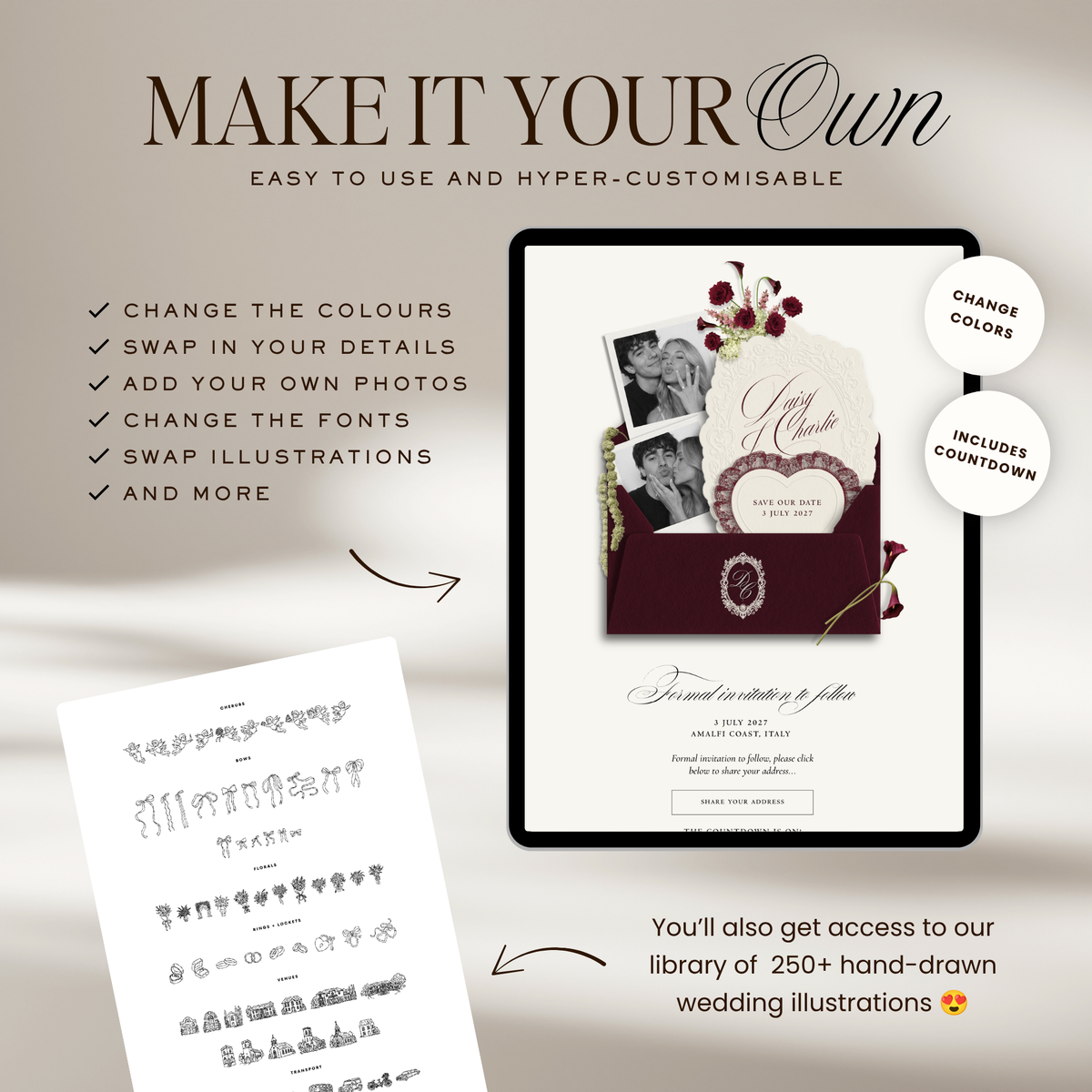 Save The Date Wedding Website Template (Envelope 07 - Burgundy + Ivory)