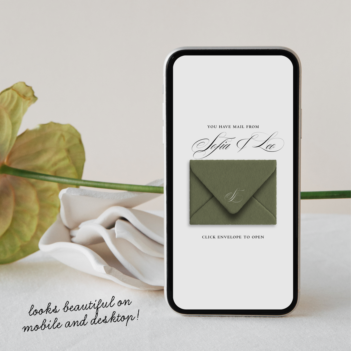 Wedding Website Template with RSVP (Envelope 06 - Sage Green + Ivory)
