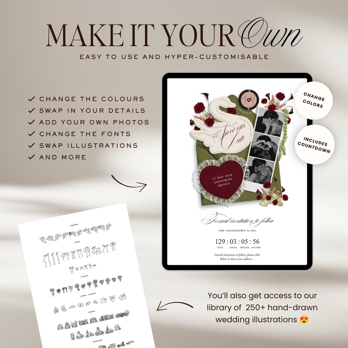Save The Date Wedding Website Template (Envelope 05 - Green, Pink + Burgundy)