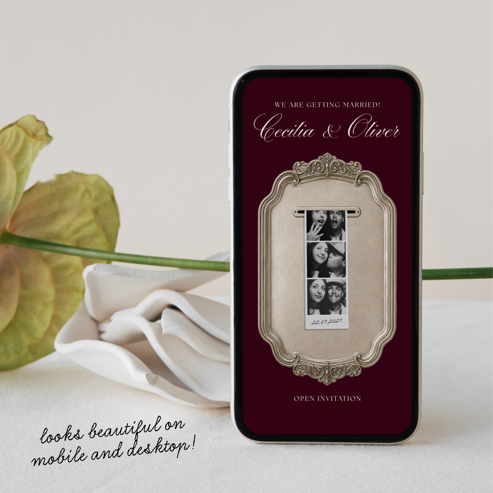 Wedding Website Template with RSVP (Photo Booth 01 - Burgundy)