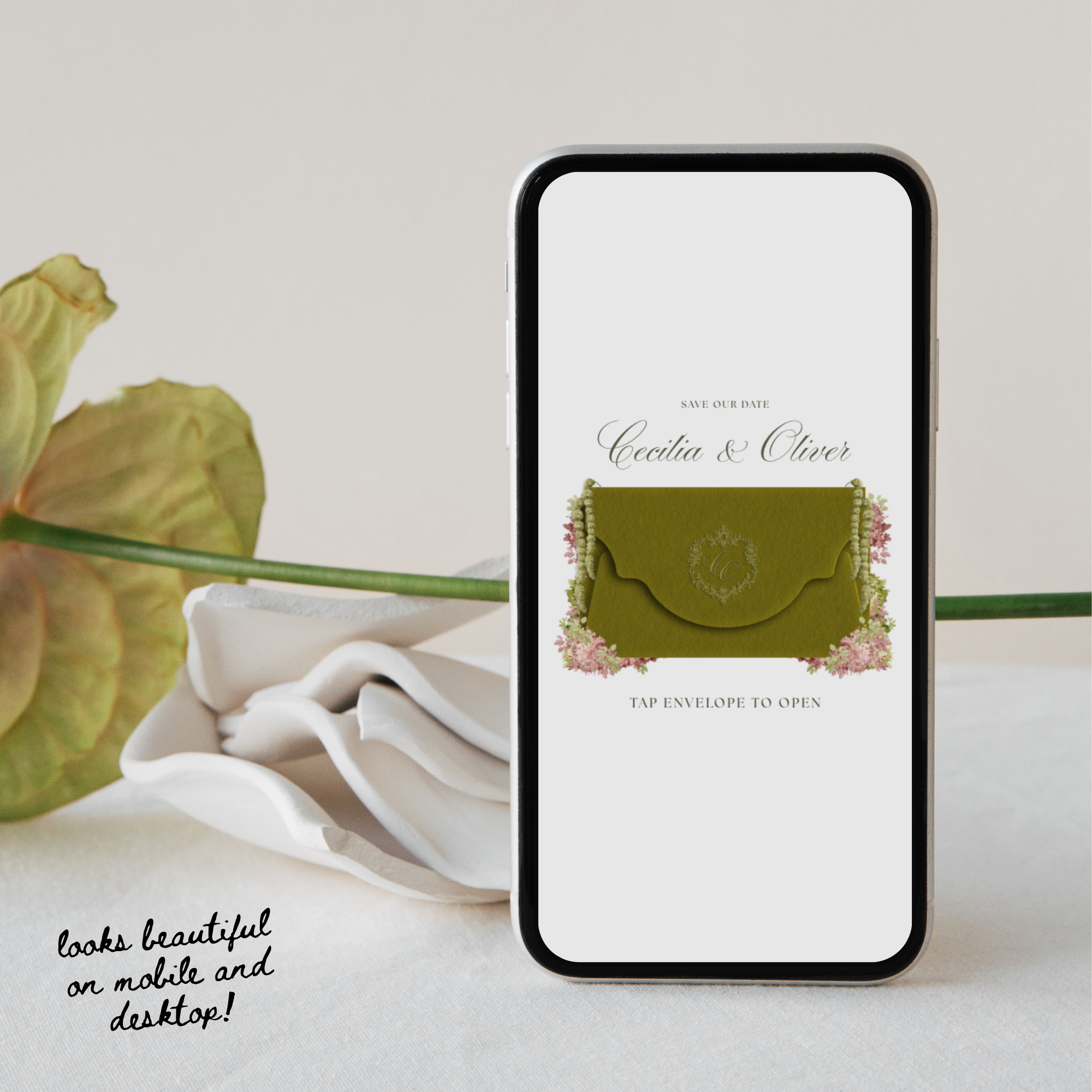 Save The Date Wedding Website Template (Envelope 04 - Olive Green & Burgundy)