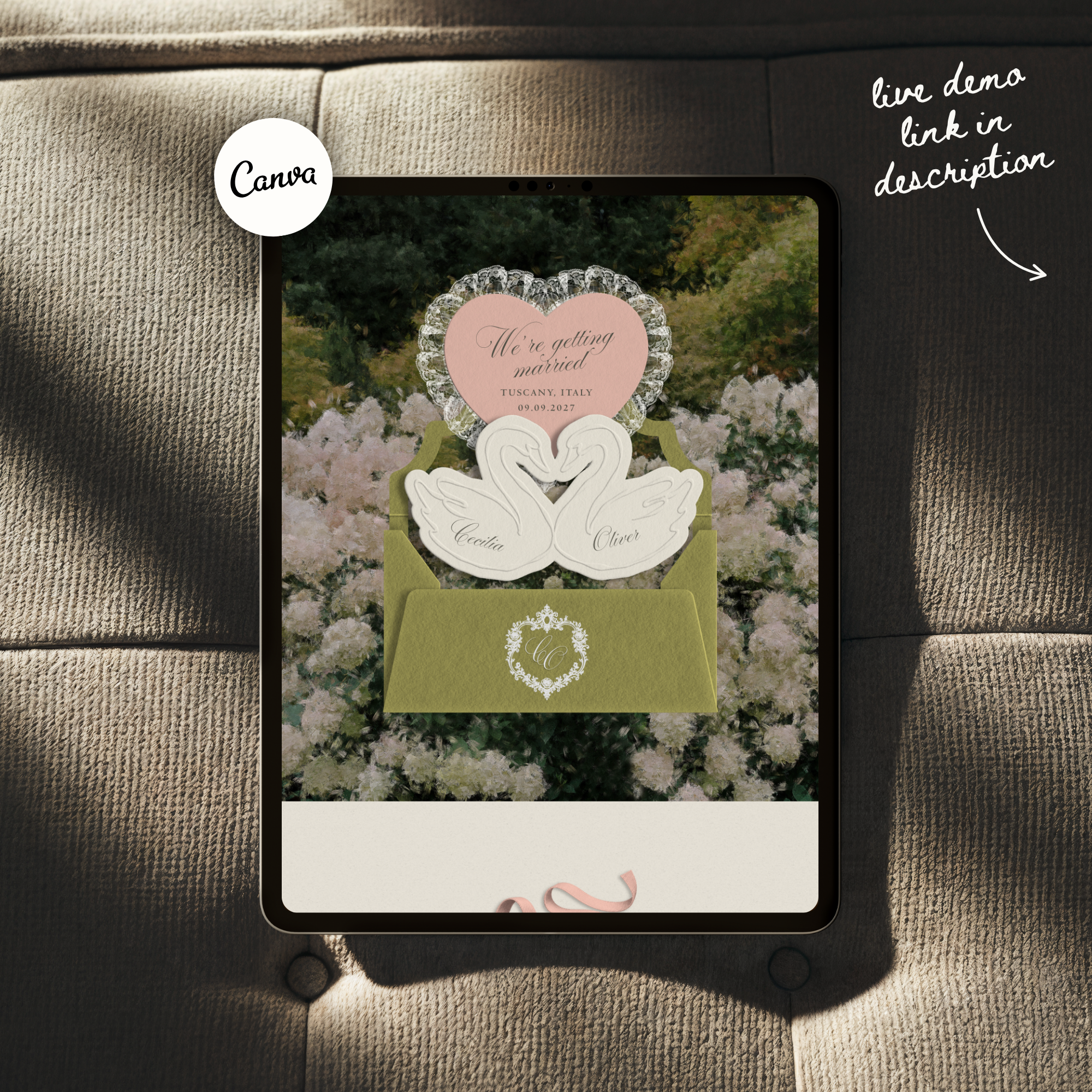 Heirloom Lace & Swan Wedding Website Template with RSVP (Green & Pink)