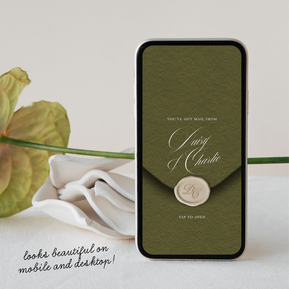 Save The Date Wedding Website Template (Envelope 07 - Green + Burgundy)