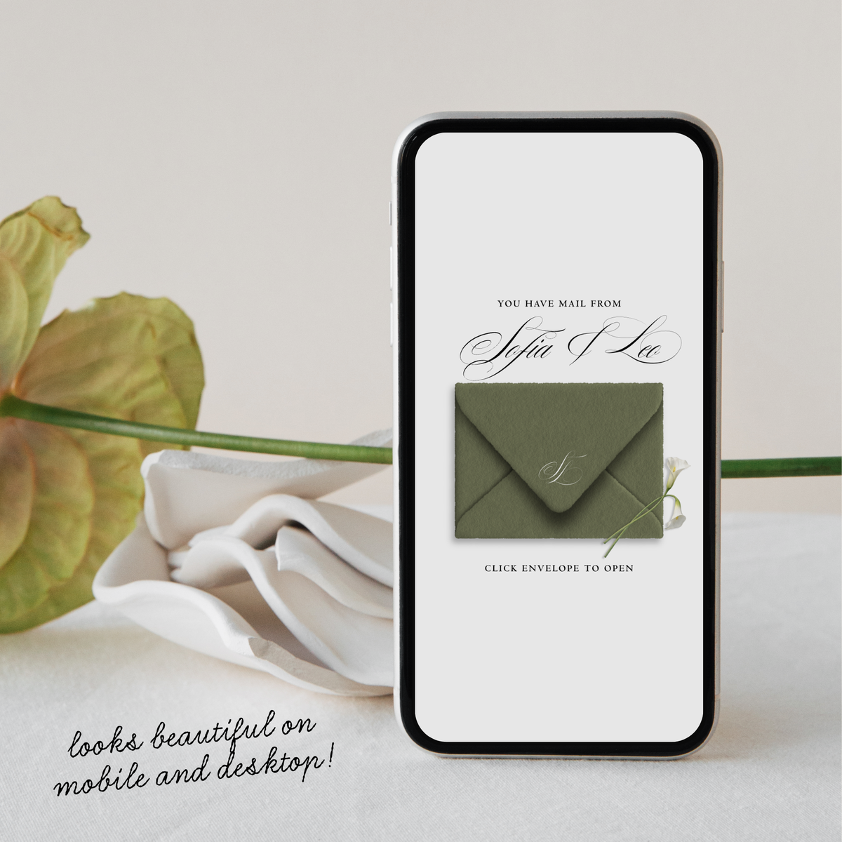 Save The Date Wedding Website Template (Envelope 06 - Sage Green + Ivory)