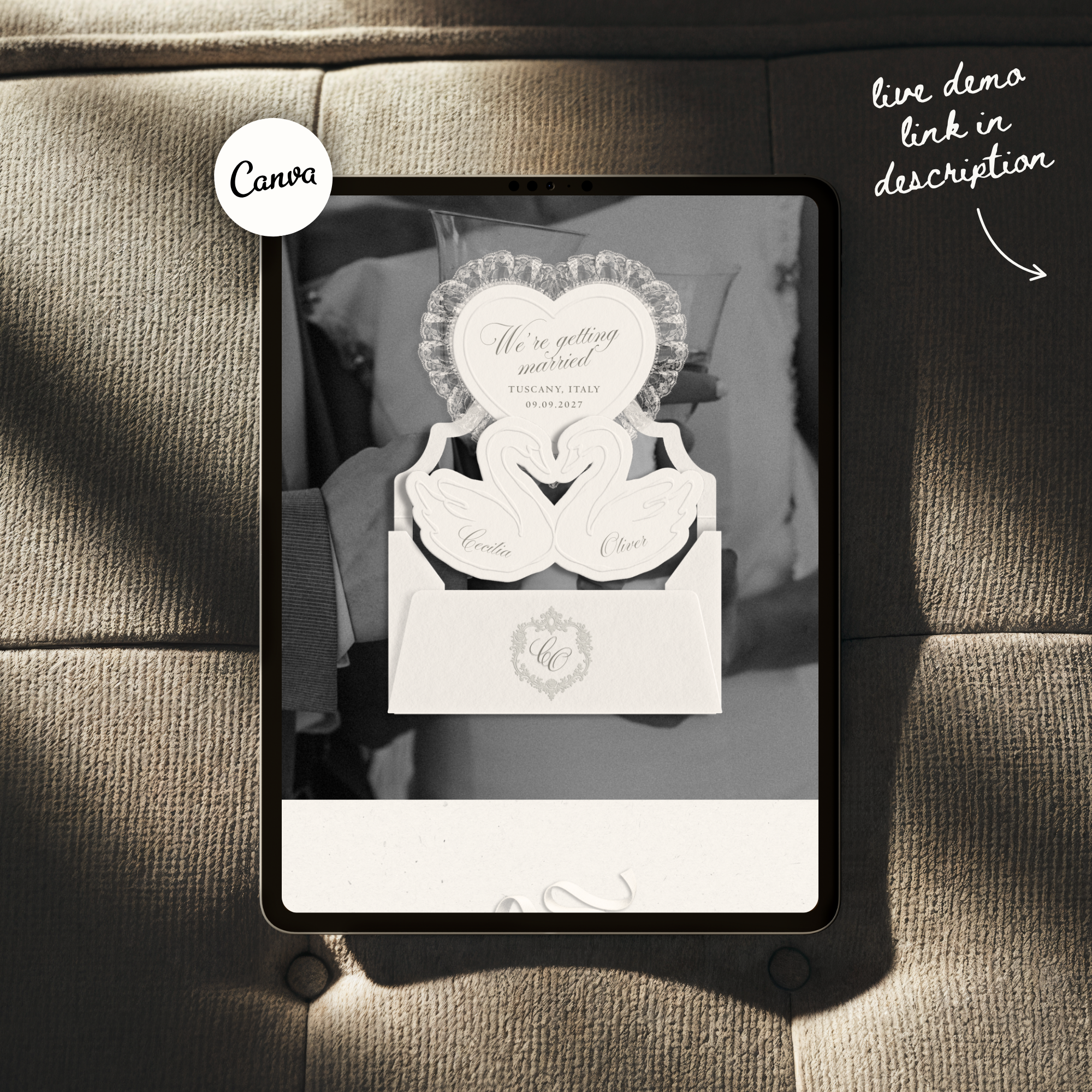 Heirloom Lace & Swan Wedding Website Template with RSVP (Ivory 02)
