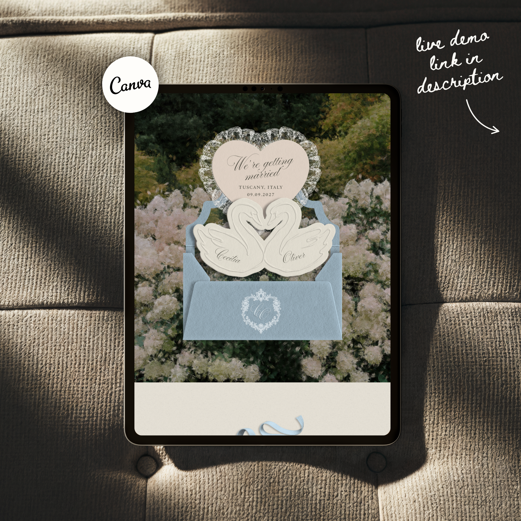 Heirloom Lace & Swan Wedding Website Template with RSVP (Blue & Pink)