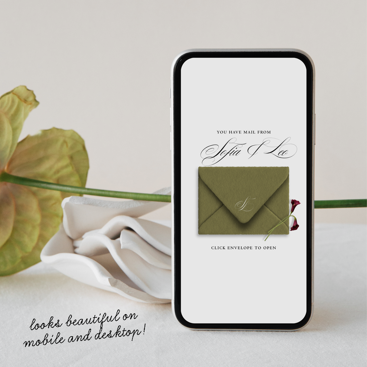 Save The Date Wedding Website Template (Envelope 06 - Green + Burgundy)